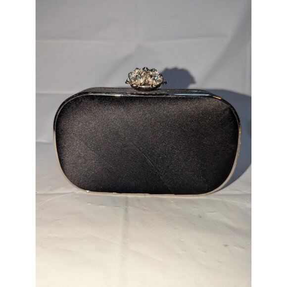 Lulu Townsend Black Satin Clutch Purse Bling Clasp & Convertible Chain 6 X 3.5 - Picture 1 of 12